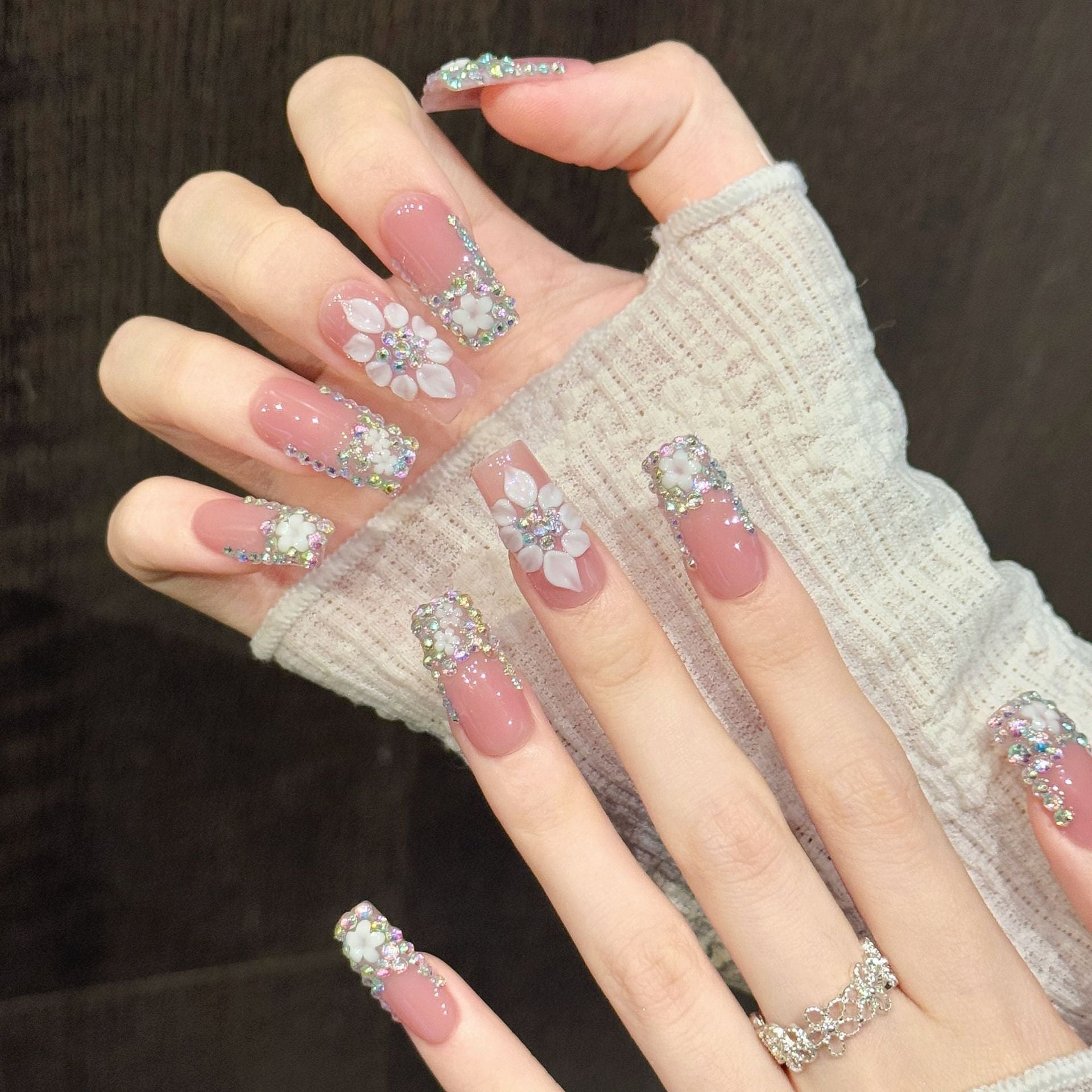 365nails: "Crystal Bloom" – 3D Floral & Rhinestone Handmade Medium Almond Nails