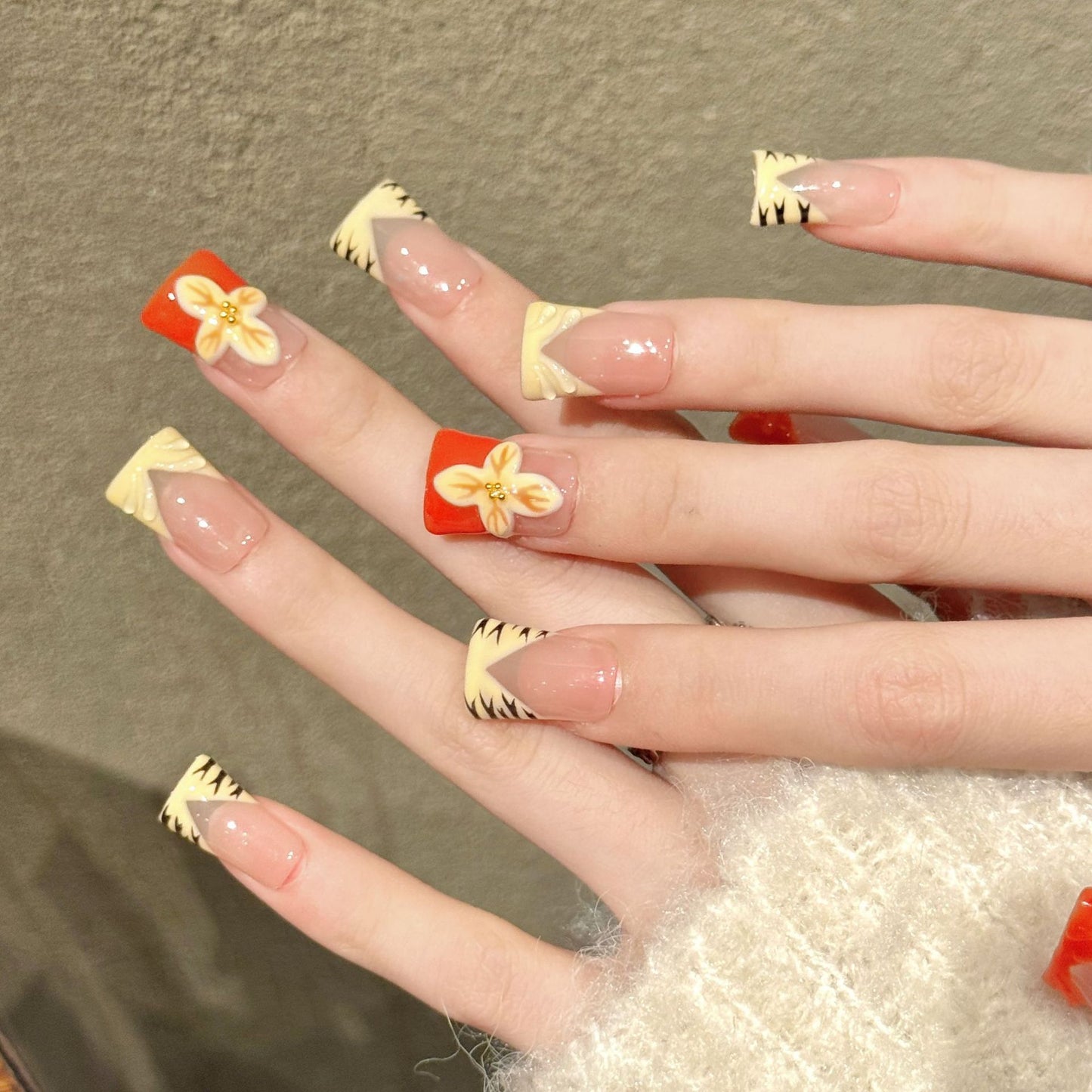 Vibrant Floral Red Tip Duckbill Press On Nails