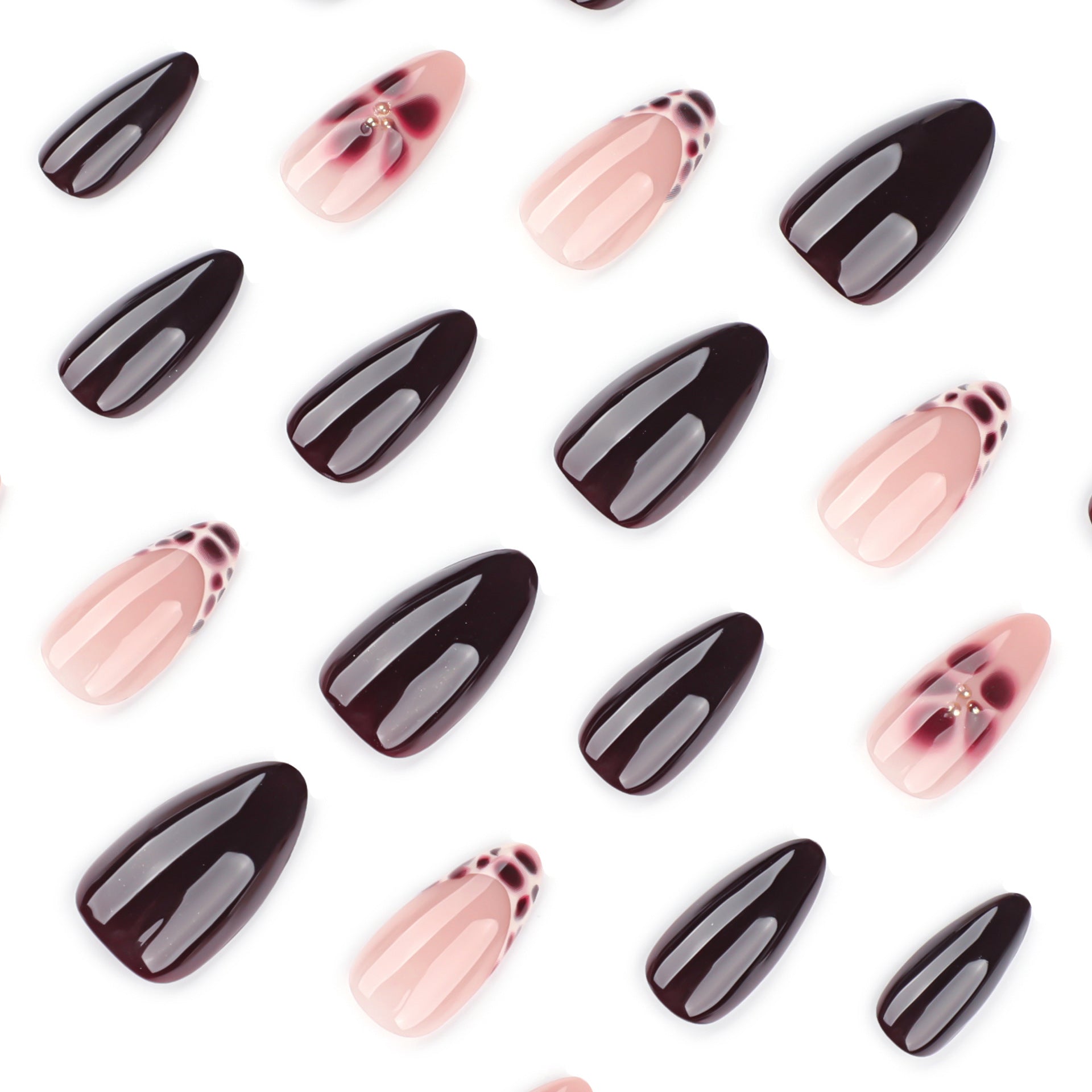 Wine Red Floral Accent Nails with Chic Mixed Design