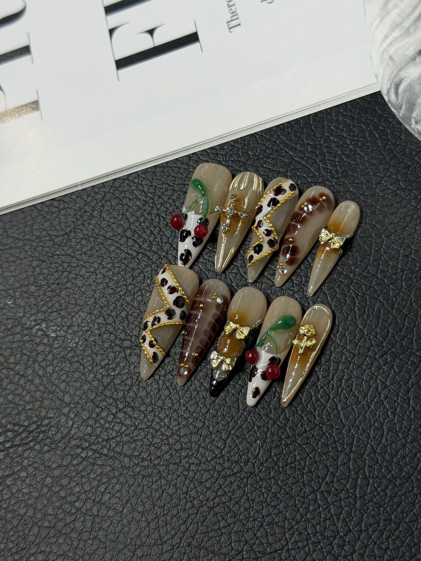 365nails: "Wild Bloom" – 3D Leopard & Cherry Handmade Stiletto Nails