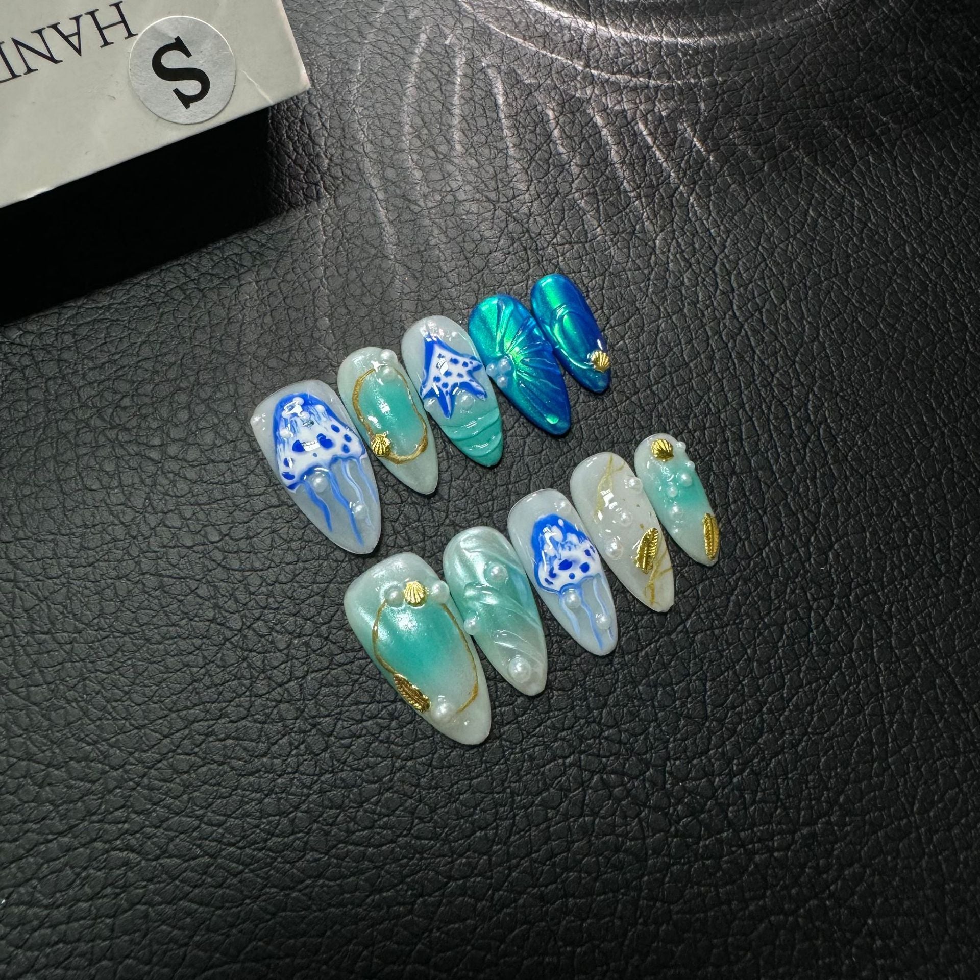 365nails: "Aqua Treasure" – 3D Seashell & Gold Leaf Handmade Stiletto Nails