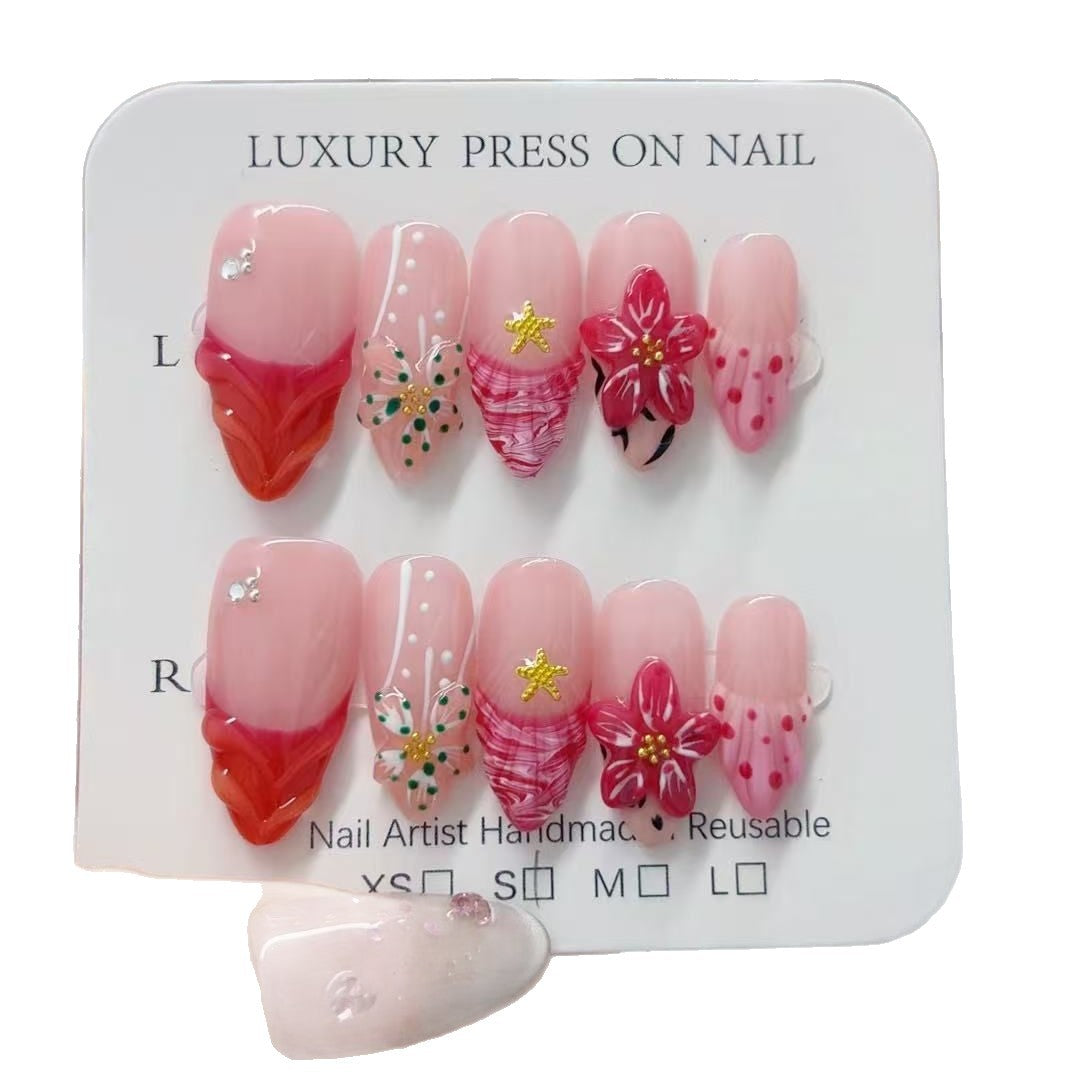 365nails-Ruby Blossom：「紅色花卉」— 杏仁形 手工製 3D 雕刻 穿戴甲