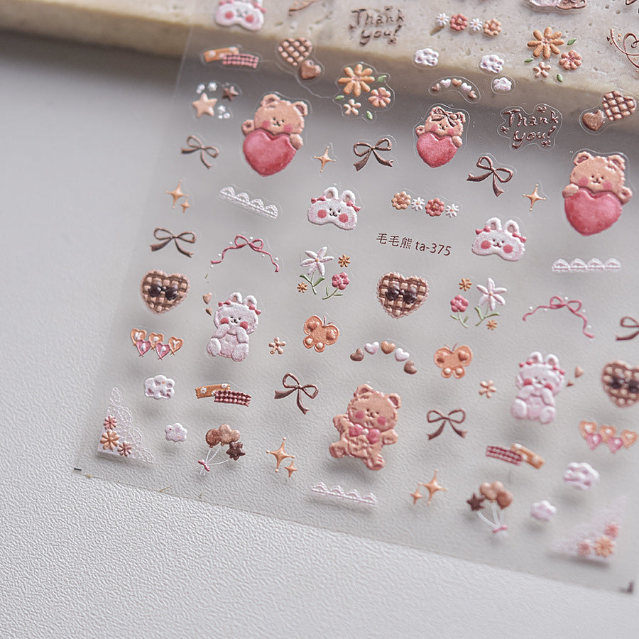 Fluffy Plush: "Teddy & Bunny" – 3D Embossed Nail Sticker