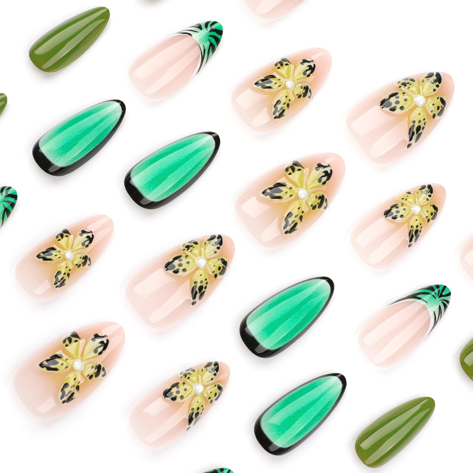 Summer style almond wearing nail French manicure fake nail 3D tropical flower removable nail finished product wholesale