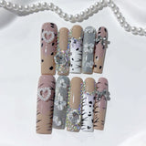 Neutral Leopard Crystal Floral Press On Nail Set