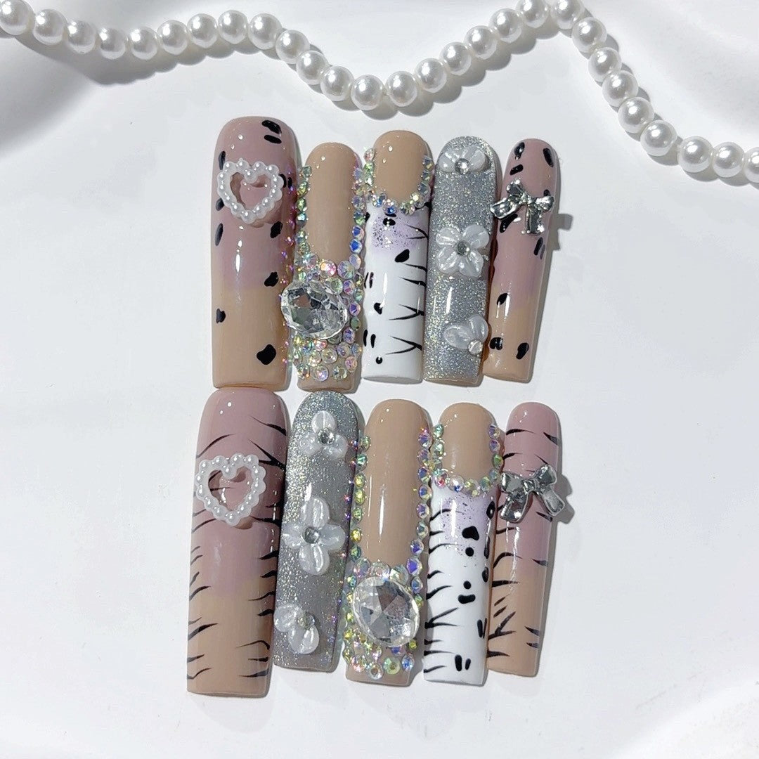 Neutral Leopard Crystal Floral Press On Nail Set
