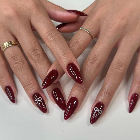 Burgundy solid color simple ins nail art piece Valentine's Day bow point diamond  almond  wholesale｜365nails