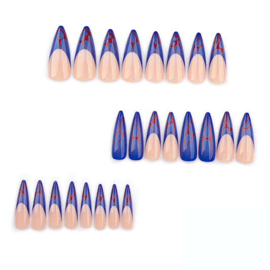 Long extra long pointed fake nail manicure piece French blue wearing nail  red flame pattern nail piece finished product｜365nails