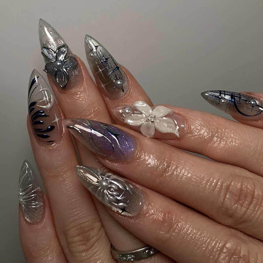 Pièces d'ongles portables noirs effet estompé, style Y2K, effet œil de chat et fleurs 3D en relief