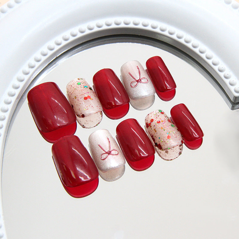 Nail Tips  prefabricated nail cat eye three-dimensional red bow colorful and flashing  press on nails 30 pieces｜365nails