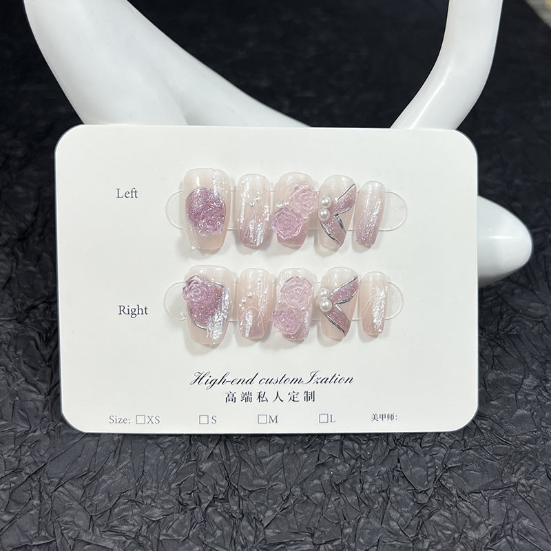 Pure handmade press-on nails purple colorful three-dimensional gradual change camellia short nail patch wearable fake nails｜365nails