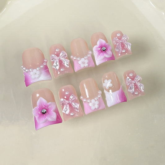 Duck Beak Nail Pearl Bow Carved Girl Heart Nail Art Patch  Handmade Press-on Nails Wholesale｜365nails