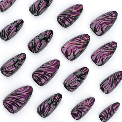 Sweet cool black purple manicure short almond-shaped  3D butterfly water drop cat eye ｜365nails