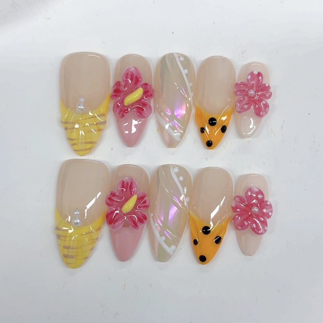 Summer Garden: "Bumblebee Bloom" – Medium Almond Handmade Press On Nails