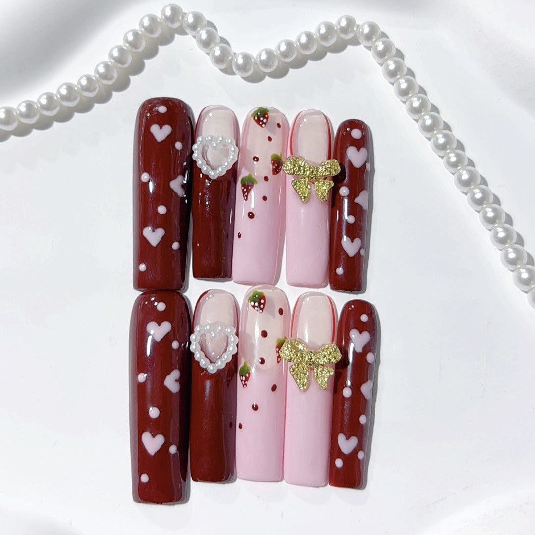 Berry Pink Heart Bow Cute Press On Nails