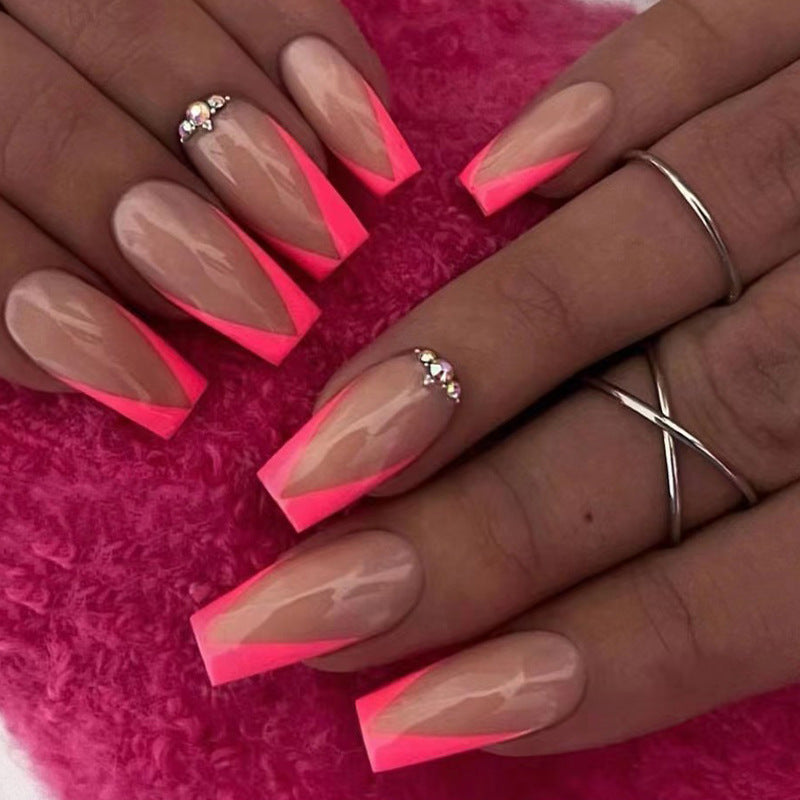 Unhas francesas em formato de V com bordas chanfradas, manicure com strass e diamantes brilhantes, mais vendidas no atacado｜365nails