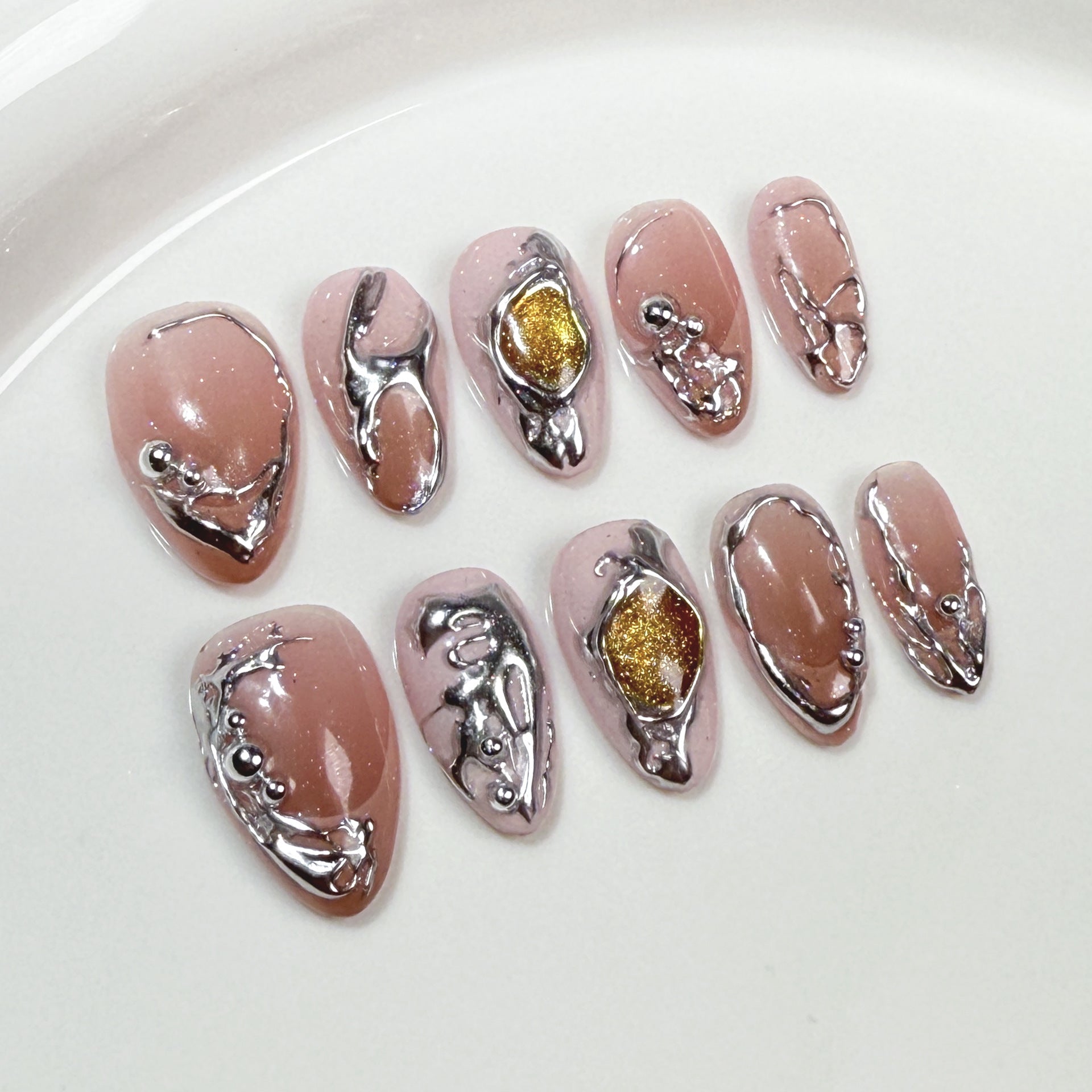 Metal irregular relief press-on nails blush nail short French  almond nail patch｜365nails