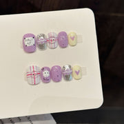 365nails: 「夢幻愛心」—3D 貓咪與格紋 手工製 短款 方形 甲片