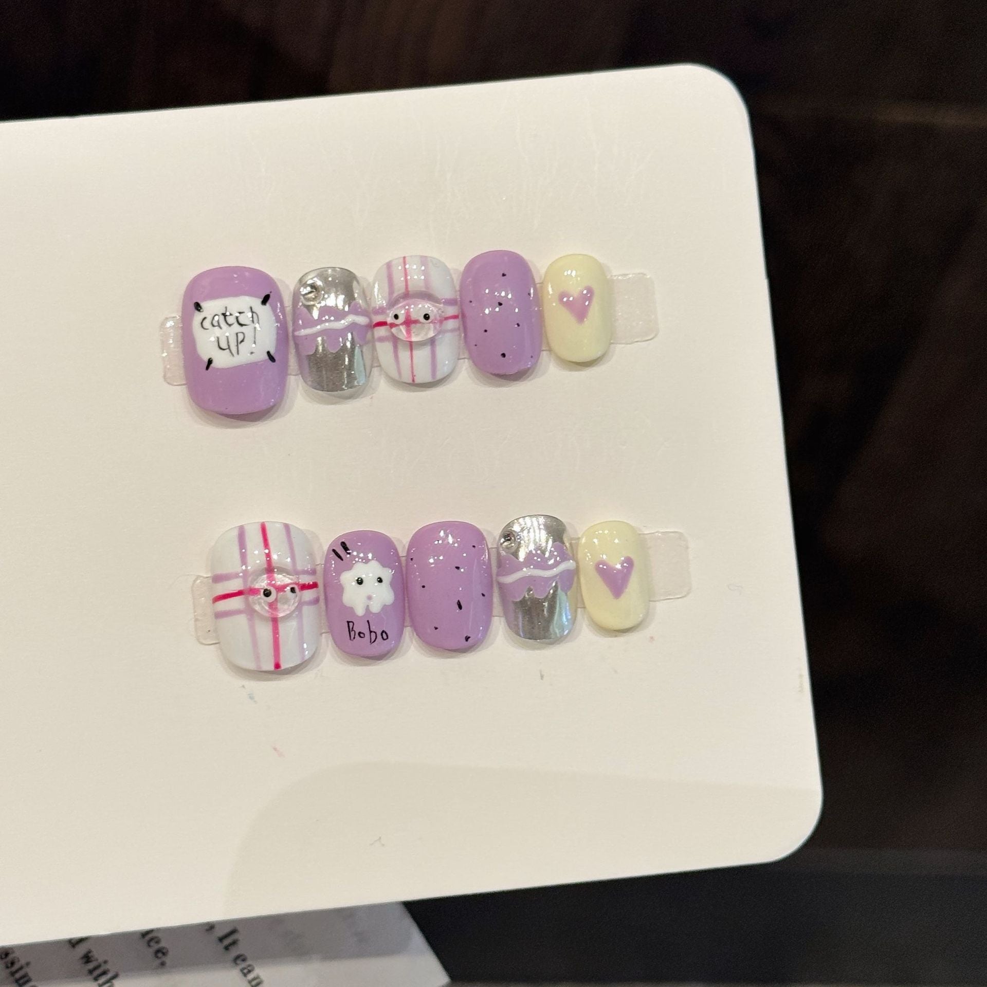 365nails: "Whimsical Hearts" – 3D Cat & Plaid Handmade Short Square Nails