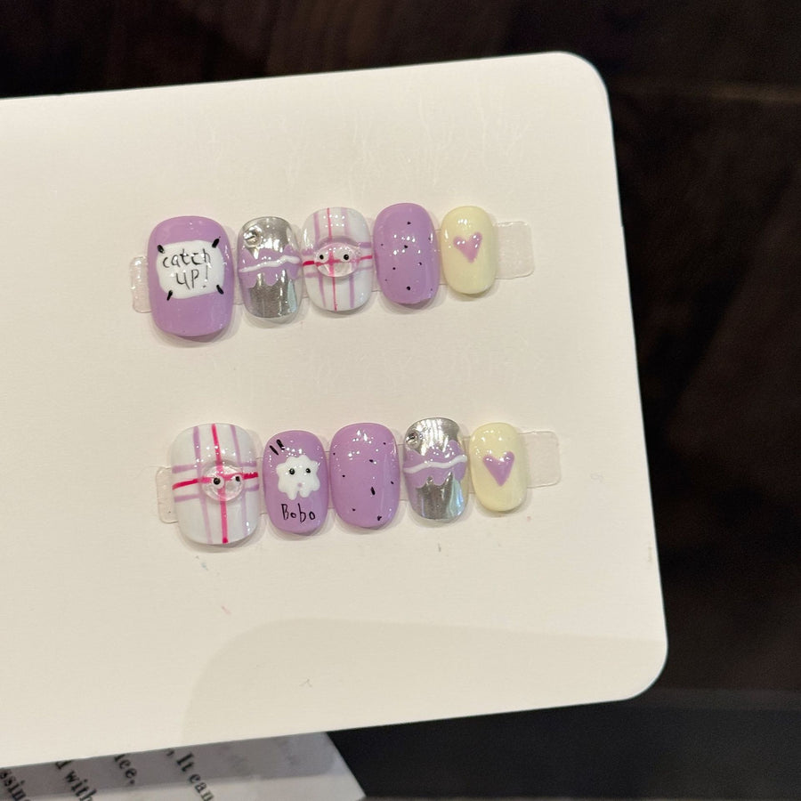 365nails: "Whimsical Hearts" – 3D Cat & Plaid Handmade Short Square Nails