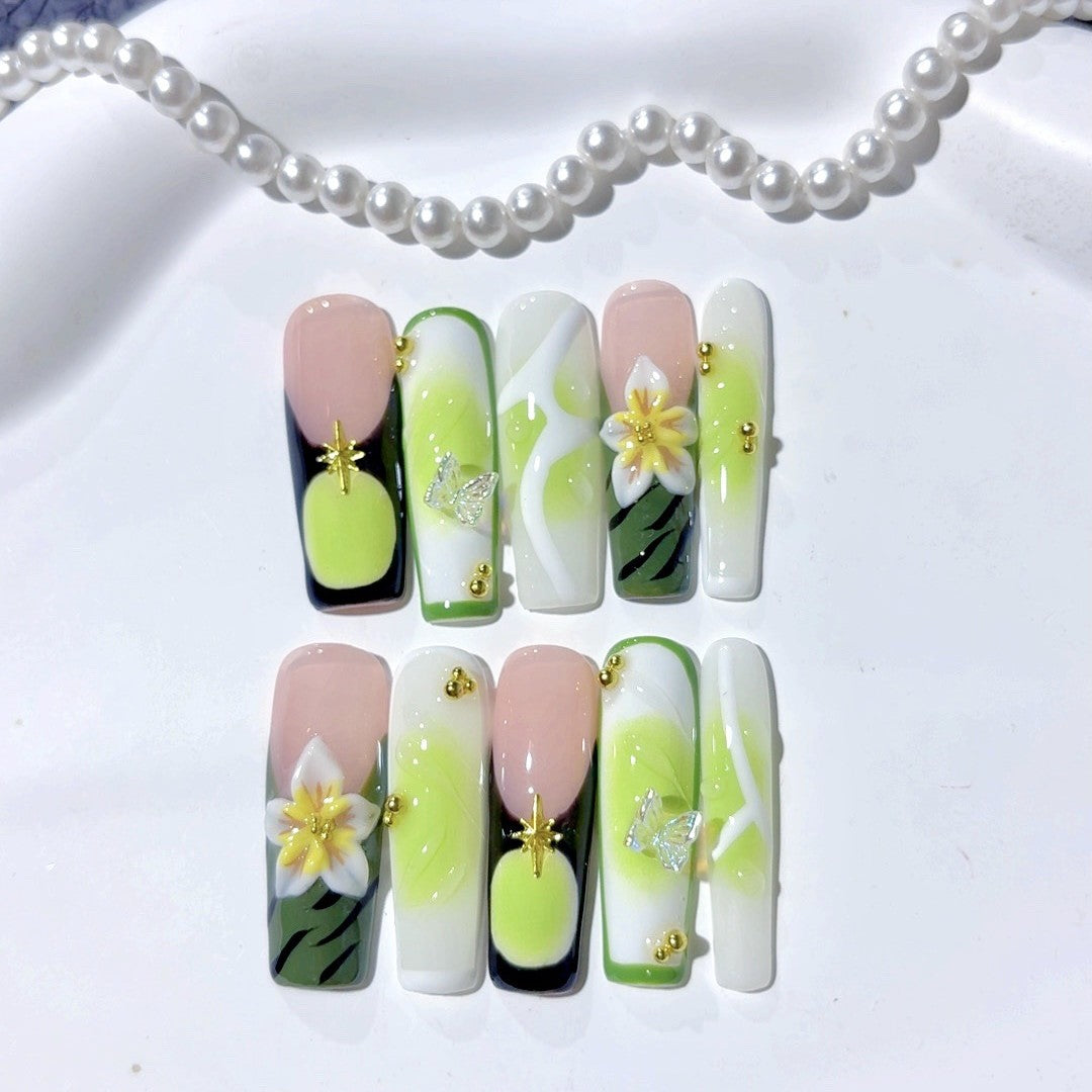 Fresh Green Floral Crystal Art Press On Nail Set
