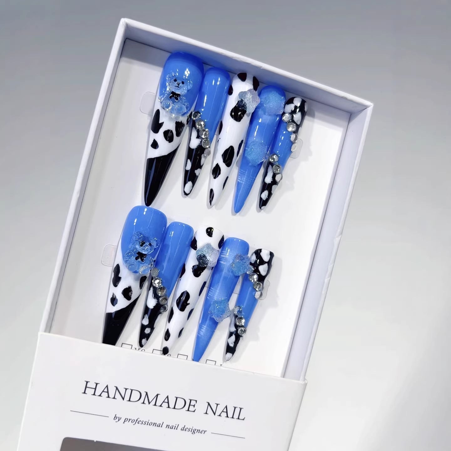 Blue Cow Print Cute Bear Statement Press On Nails