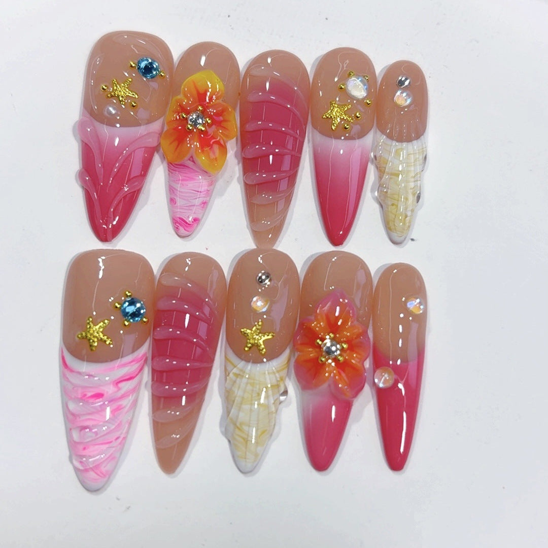 Tropical Starfish: "Pink Floral" – Almond Press-On Nails