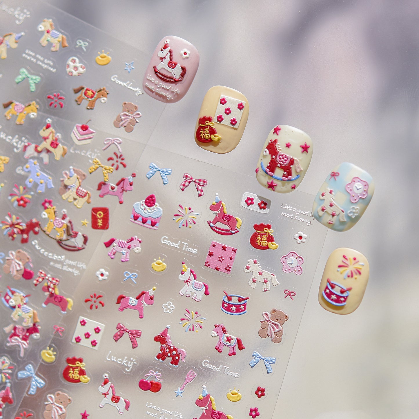 Embossed Festive Nail Stickers – Rocking Horse & Lucky Charm Set