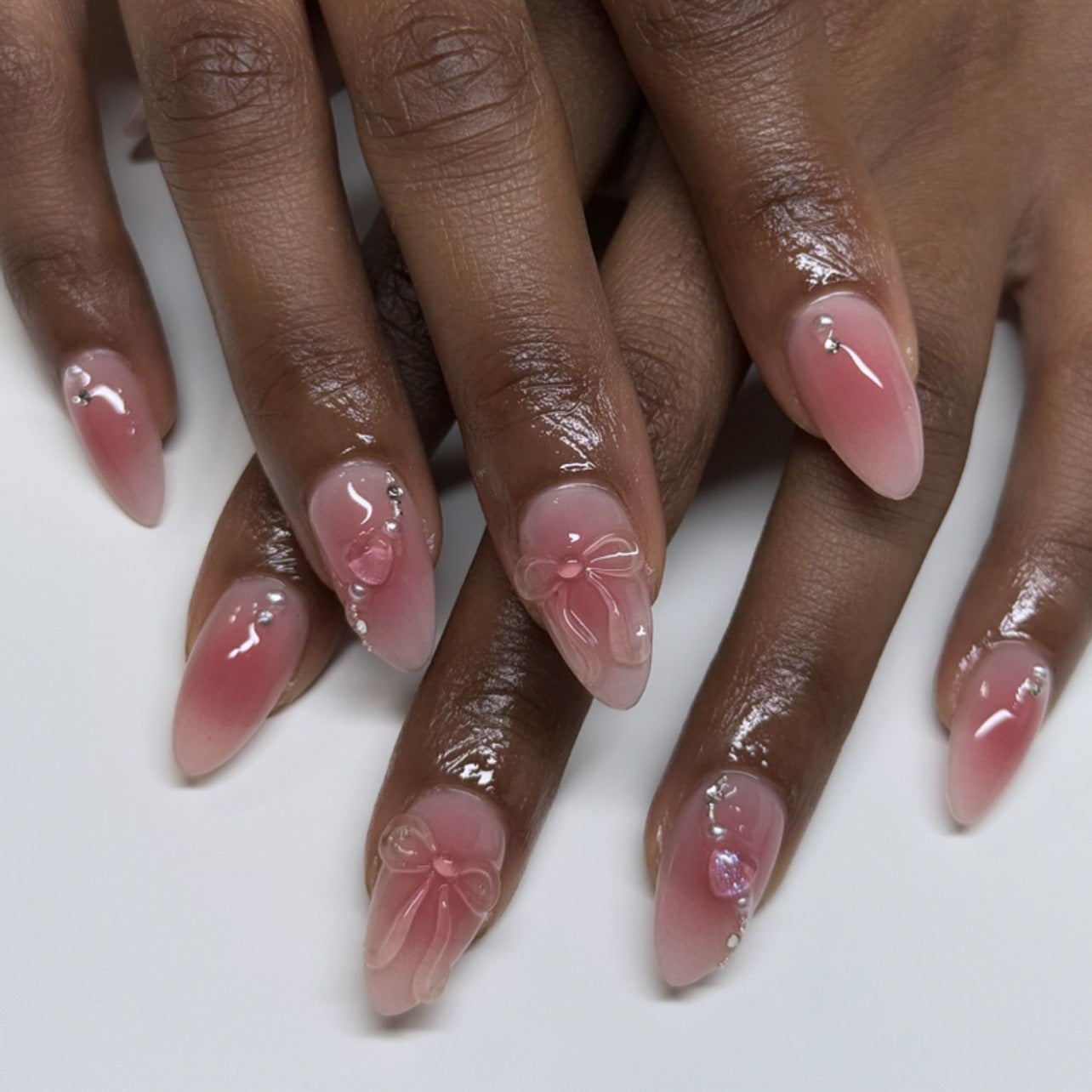 Pink Gradient Bow Charm Almond Nails