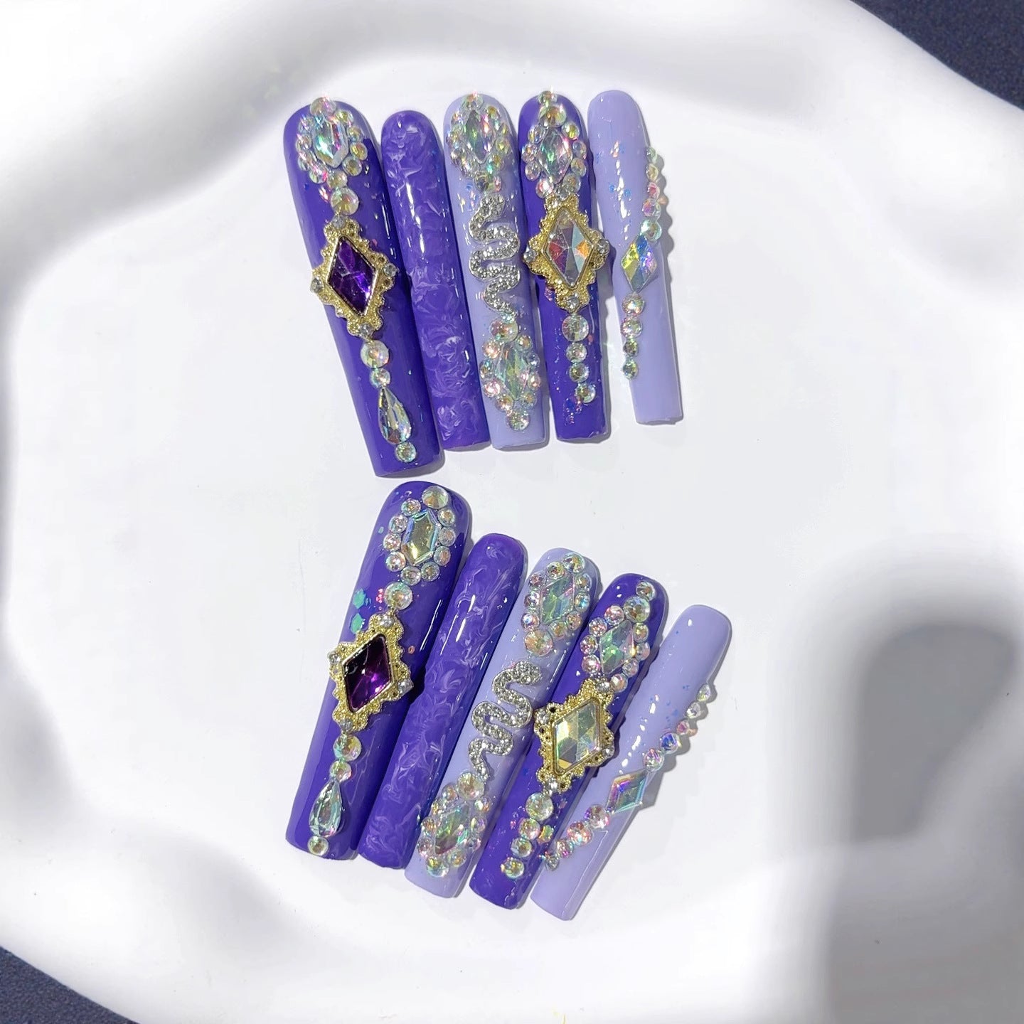 Purple Crystal Embellished Extra Long Press On Nails