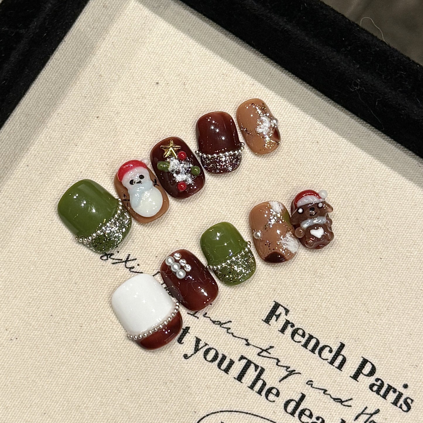 Christmas Bear & Snowman Press‑On Nails – Green and Brown Cozy Short Design