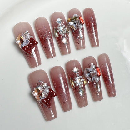Handmade Press-on Nails Ice Clear Blush Stacked Diamond Nail Art Autumn and Winter New Wearable Fake Nail Factory Wholesale｜365nails