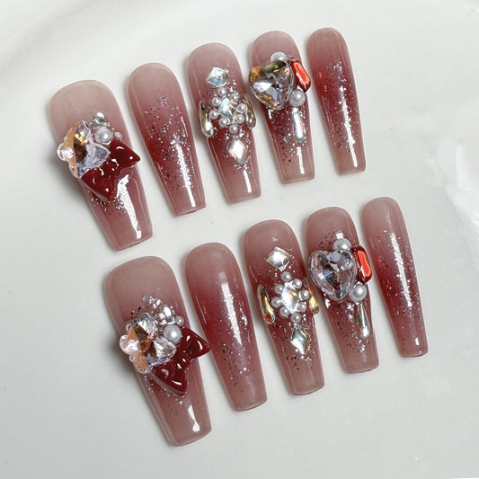 Handmade Press-on Nails Ice Clear Blush Stacked Diamond Nail Art Autumn and Winter New Wearable Fake Nail Factory Wholesale｜365nails