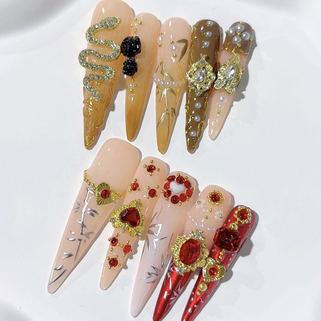 Baroque Gold Heart Crystal Extra Long Press On Nails