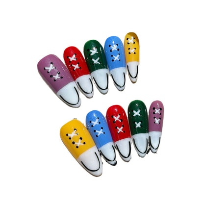 manicure extra long five-color canvas shoes pure handmade press on nails hand-painted nail products | 365nails