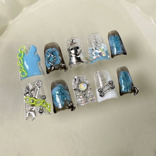 Europe, America, Halloween duck bill nail ice transparent flash smudging cat eye manicure removable Handmade press on nails｜365nails