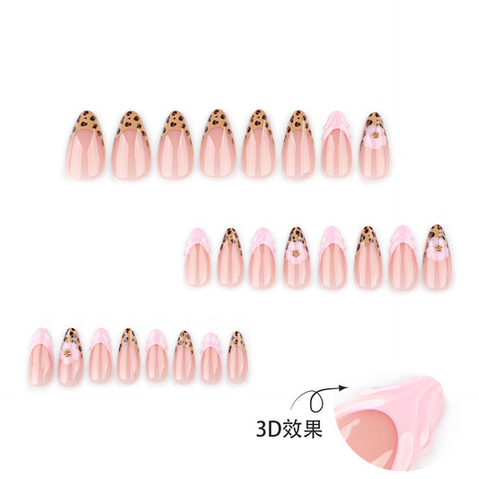 French leopard print flash 3D almond shape press-on nails