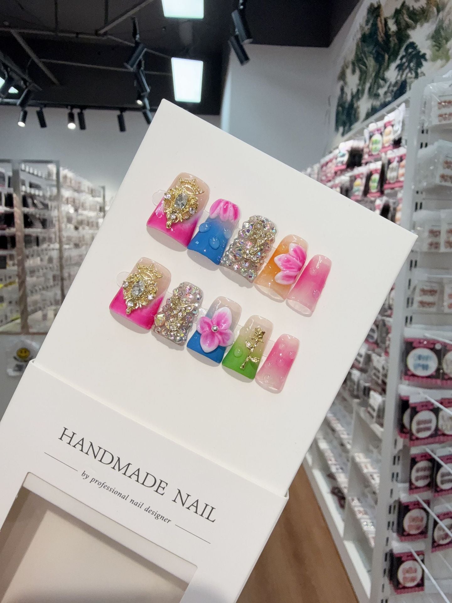 365nails: "Rainbow Reverie" – 3D Floral Crystal Handmade Coffin Nails