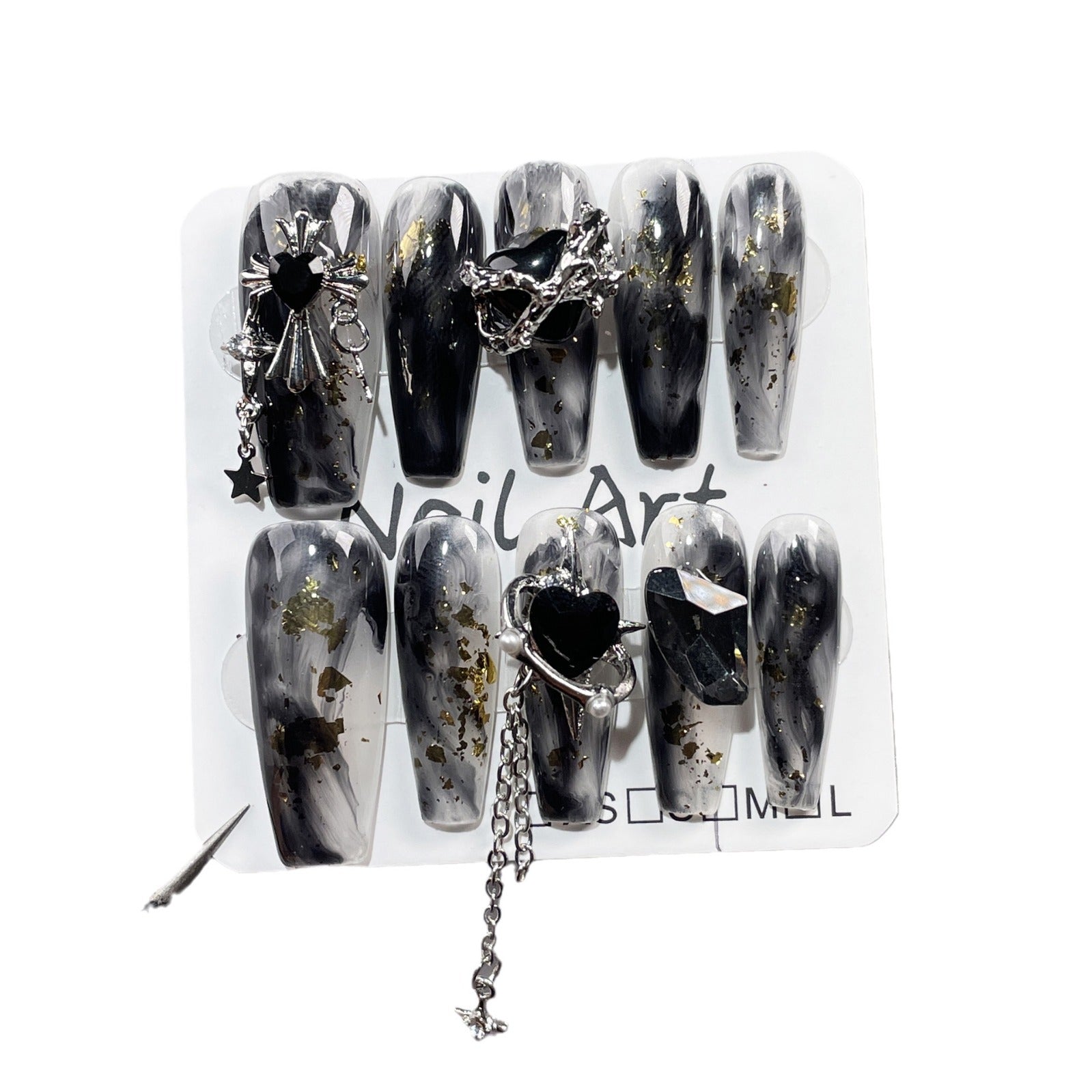 Parche para uñas largo estilo Spice Girl, hecho a mano, con diseño de manchas oscuras, colgante, para usar | 365nails