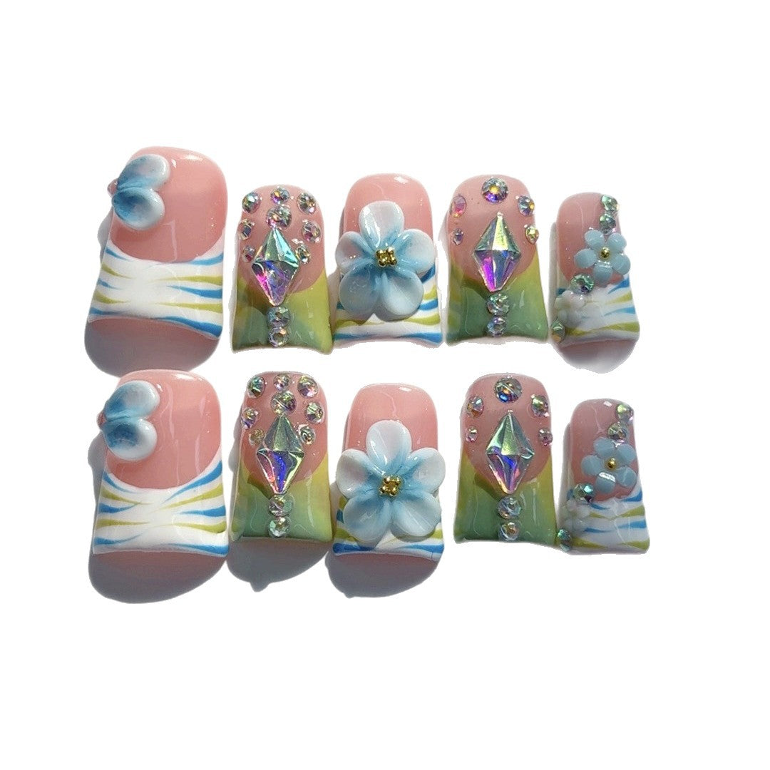 Spring Garden: "Blossom Jewel" – Unhas Postiças Quadradas Curtas Feitas à Mão