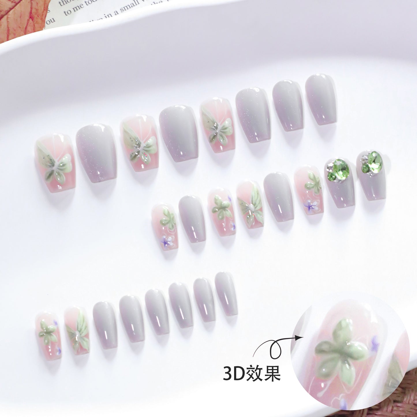 3D three-dimensional fresh flower cat's eye short ballet press-on nails