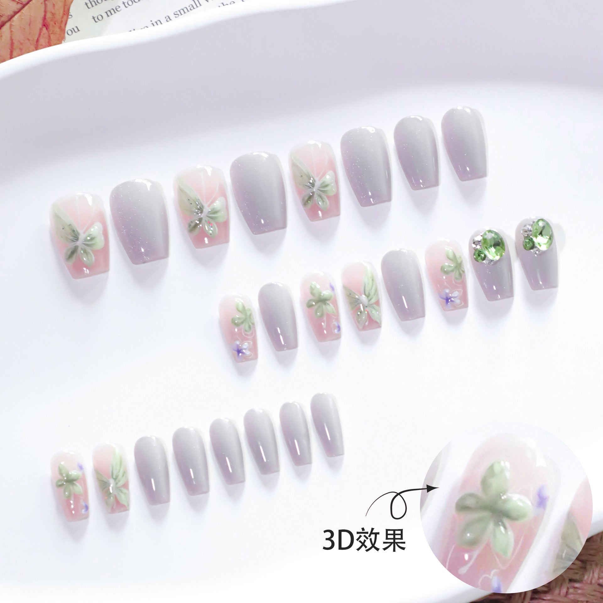 3D three-dimensional fresh flower cat's eye short ballet press-on nails