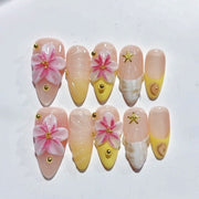 365nails-Beach Blossom: "3D Floral & Shell" – Medium Almond Handmade Nails