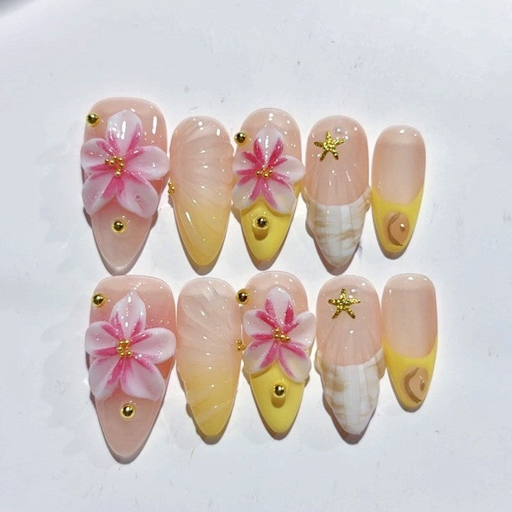 365nails-Beach Blossom: "3D Floral & Shell" – Medium Almond Handmade Nails