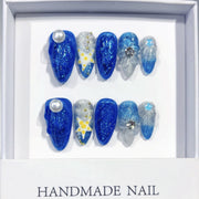 365nails: "Sereia Estrelada do Mar Profundo" – Unhas Postiças Artesanais Azul Glitter Marinho Amêndoa Média