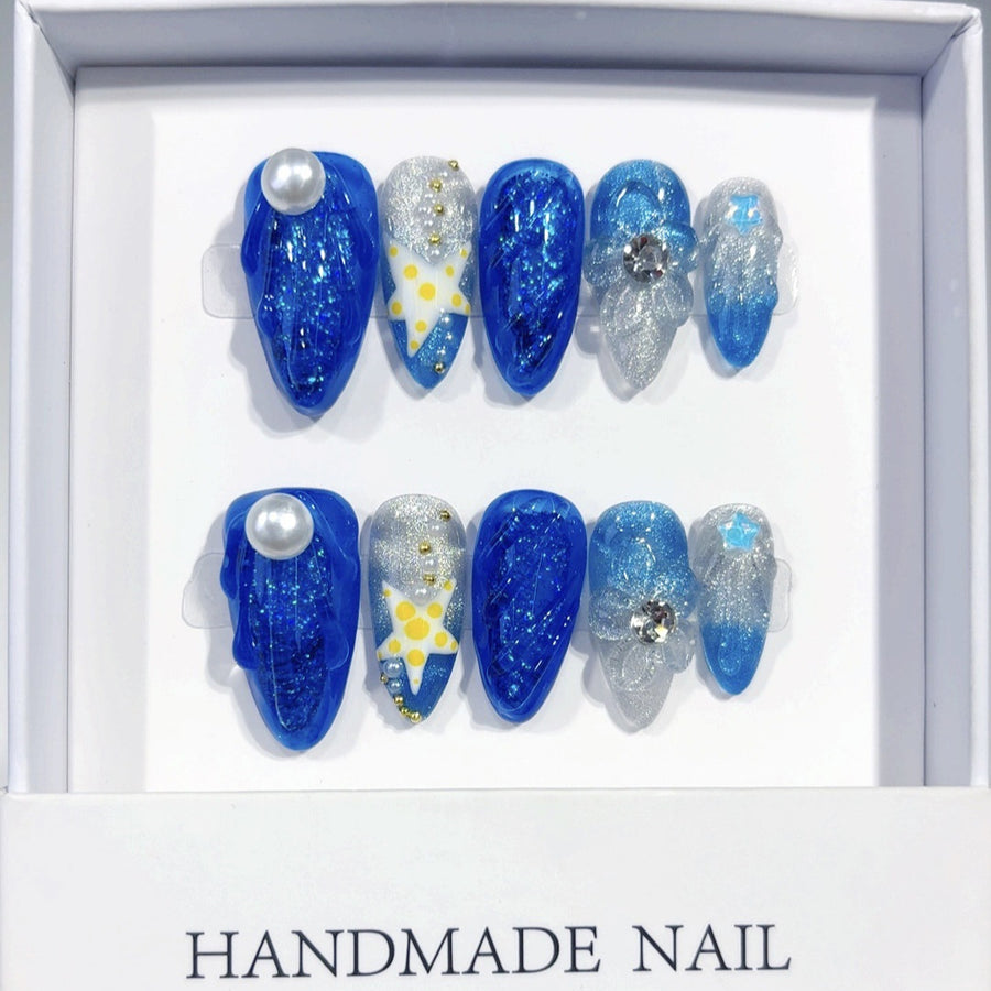 365nails: "Deep Sea Starry Mermaid" – Medium Almond Blue Glitter Marine Handmade Press-On Nails