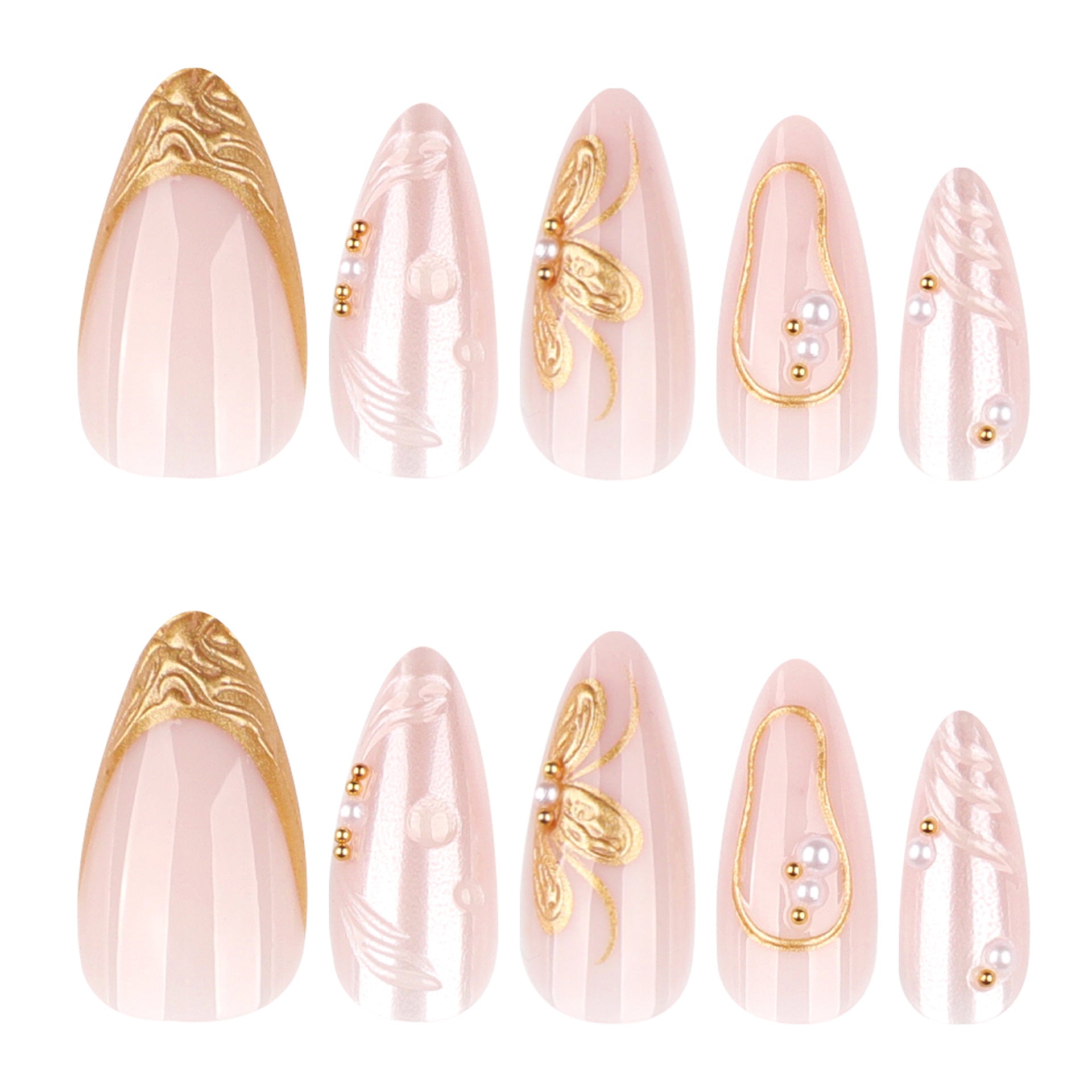 Almond Press On Nails with Pearl Finish & Gold Butterfly Accents