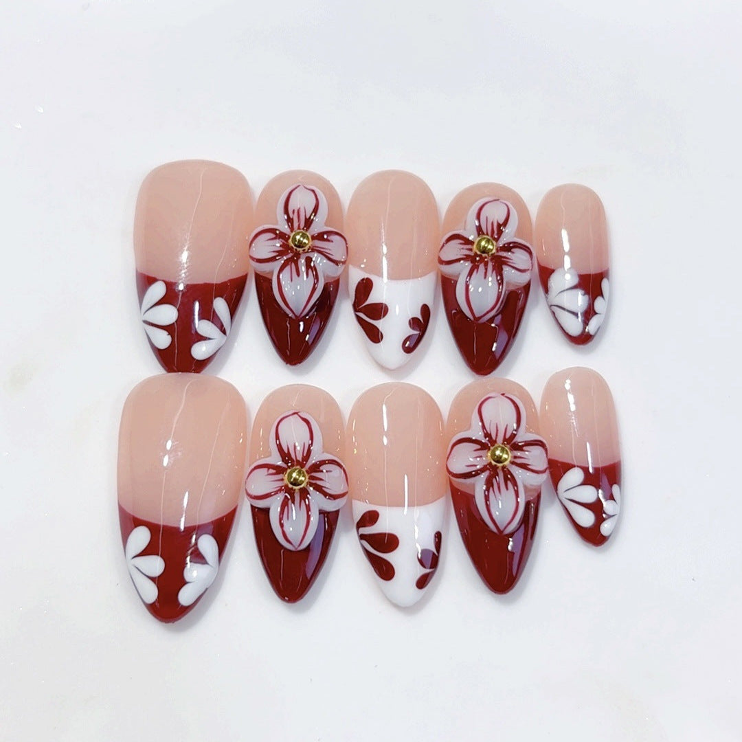Timeless Bloom: "Crimson Floral" – Almond Shape Handmade Press-On Nails