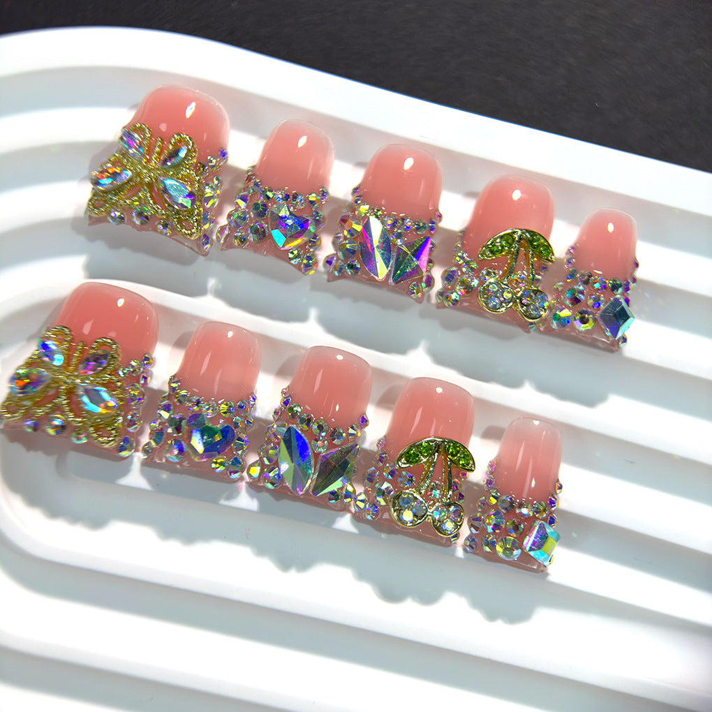 Pink Jelly Nails with Butterfly and Cherry Crystal Charms