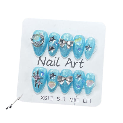 Handmade Press-on Nails flash ocean blue sweet cute cat eye short nail art finished patch wearable nail sticker｜365nails